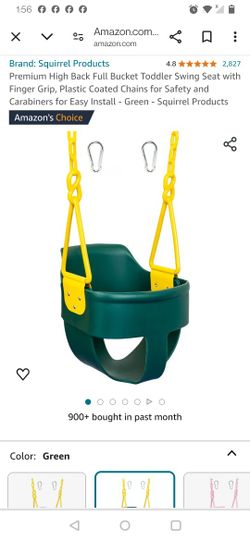 Premium High Back Full Bucket Toddler Swing Seat with Finger Grip, Plastic Coated Chains for Safety and Carabiners for Easy Install - Green - Squirrel
