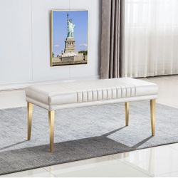 AUZ Modern Luxury Upholstered Bench, White PU Leather Dining Room Channel Ottoman with Gold Stainless Steel Legs