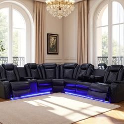 Power Electric Black Leather Fully Reclining Sectional Couch 