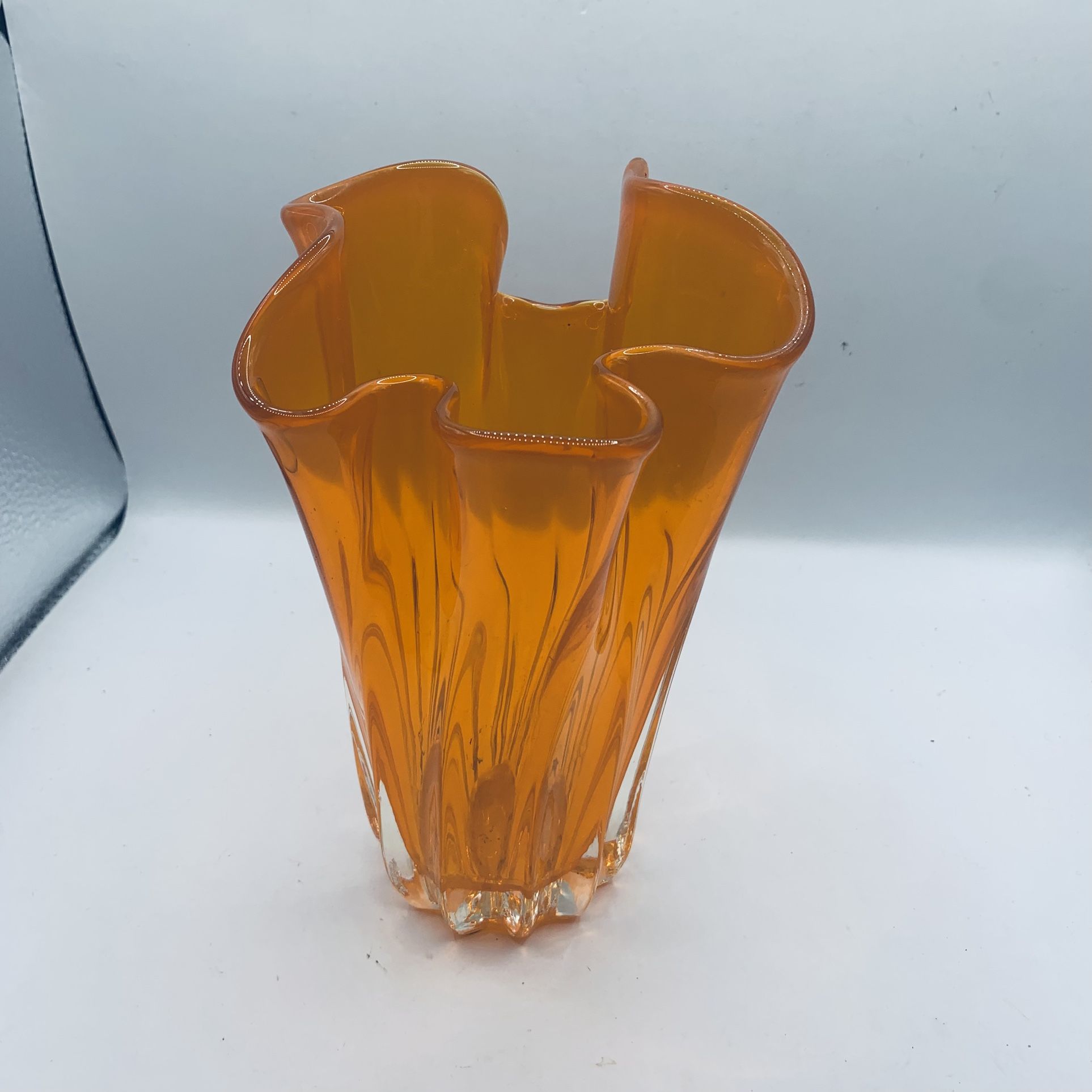 Orange Blown Glass, Ruffle Handkerchief Edge 7 Inch Vase