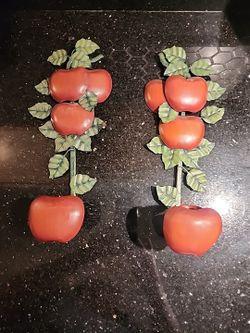 Lot Of 2 Green Metal Candlestick Holders with Red Apples Wall Mount