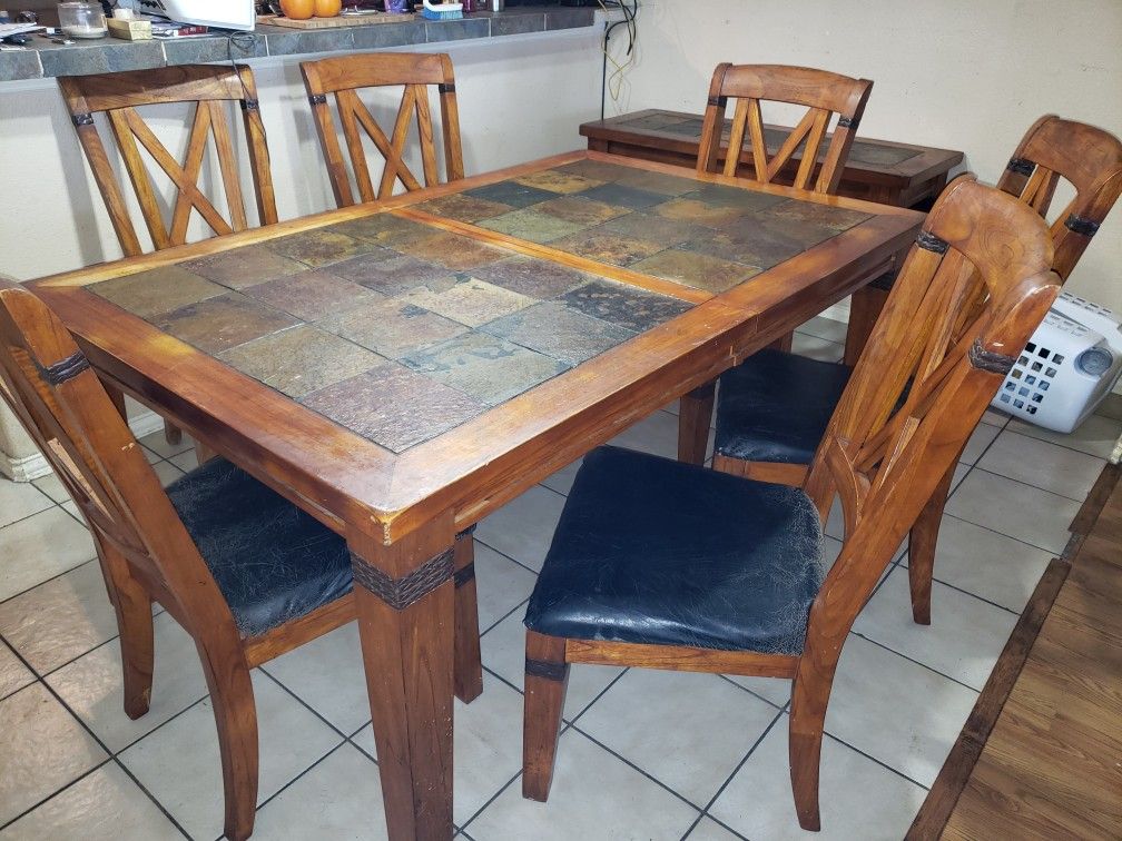 Solid wood dining table with slate inlay 6 chairs