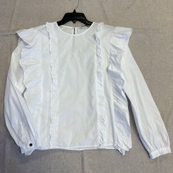 Zara White 100% Cotton Ruffle Round Neck Button Blouse Long Sleeve Size S