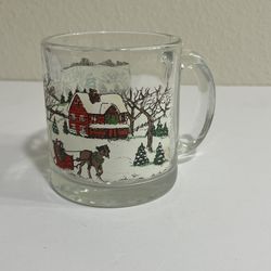 Libbey Clear Glass Mug/Cup with Winter Village Horse Sleigh Snow Scene USA