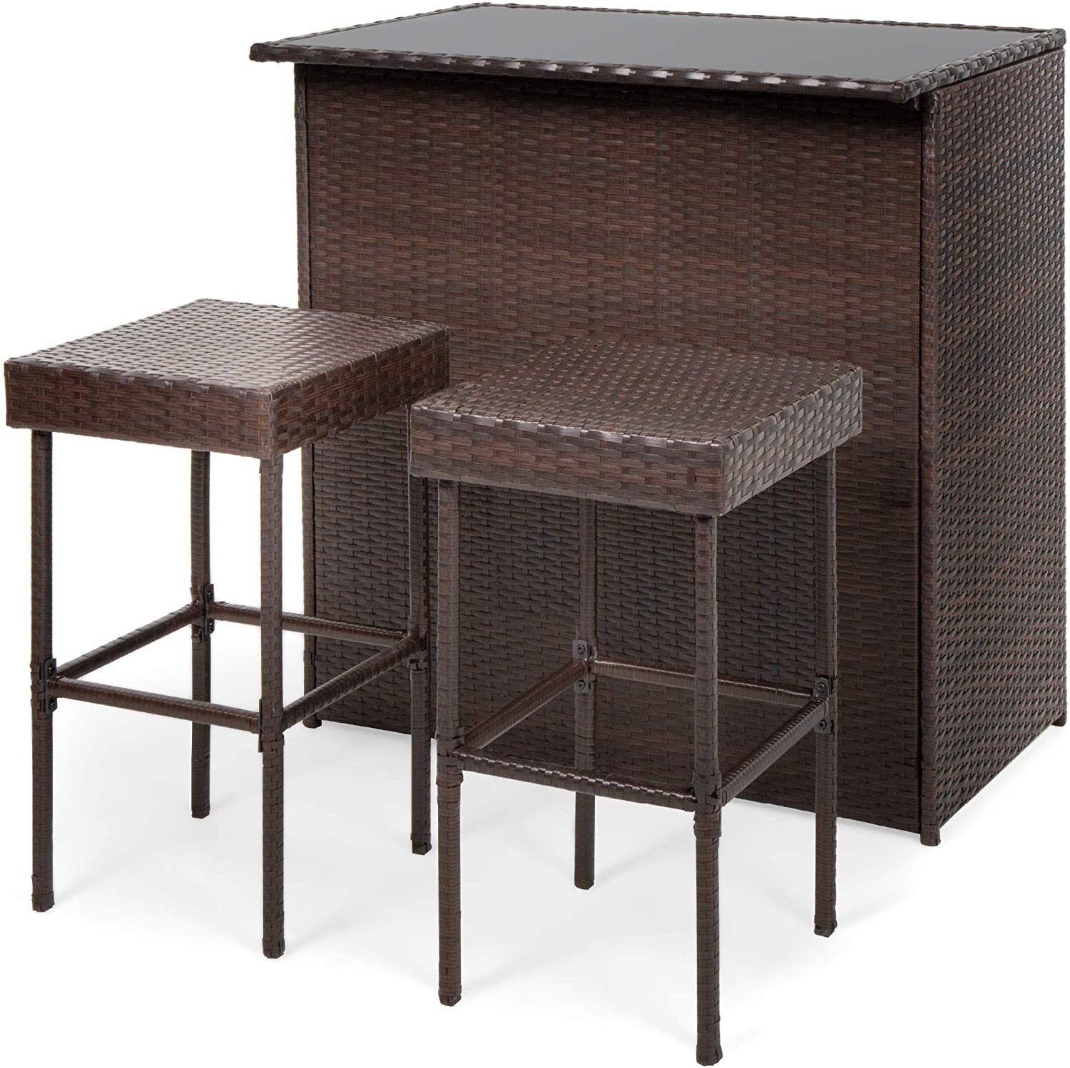 Set of 3 - Wicker Bar Table Set with 2 Stools, Glass Tabletop, Brown