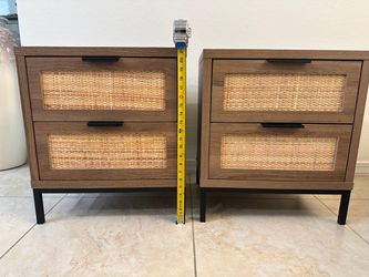 Set of 2 Wood & Rattan 2-Drawer Nightstands / Bedside Tables