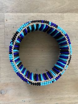 African Maasai Beaded Leather Cuff Bracelet Colors Blue/Black