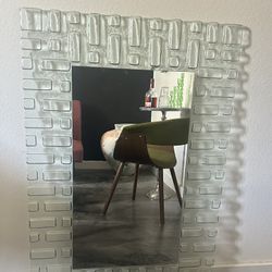 Rare Vintage MCM Undulated Aquamarine Molded Glass Framed Mirror Made In Italy
