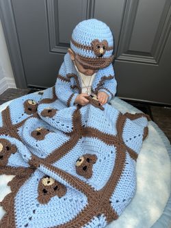 Crocheted Baby Boy Outfit + Hat + Matching Blanket