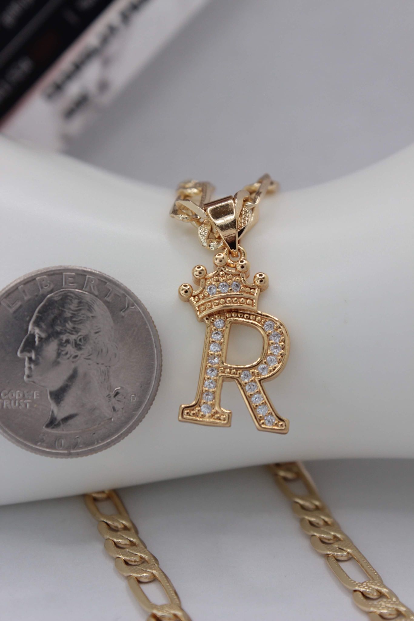 letter R initial pendant and figaro style chain -GOLD PLATED 