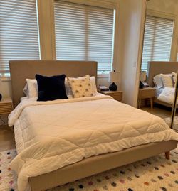 Mid-Century Modern Upholstered Queen Bed Frame and Mattress  Perfect condition- never been used