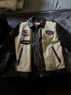 Vintage Racing Leather Jacket Large Cream & Black Patches Peace Speed Race Tech