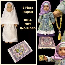 5 Pc American Girl 18” Doll Islamic 2pc Prayer Clothing With Prayer Rug, Prayer Beads (Mesbiha), & Small Quran
