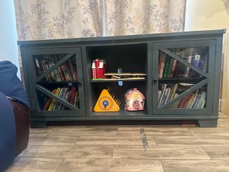 Dark Green Wood TV Stand with Glass Doors