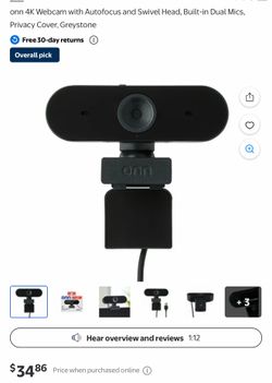 onn 4K Webcam with Autofocus and Swivel Head, Built-in Dual Mics, Privacy Cover, Greystone