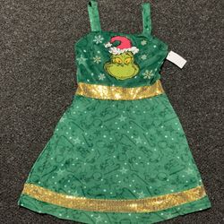 New girls size XS (0/2)  Or Small (4/6) the Grinch fleece and gold sparkly sequin trimmed dress with embroidered snowflakes 