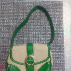 Isaac Mizrahi Green Cream Handbag Purse Golden Accents Buckle