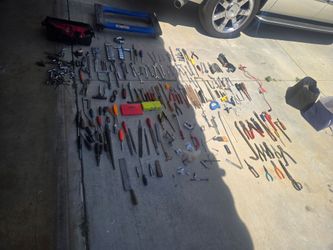 Tools. Ratchets ,sockets,hitch, wire spliced drill sets, Allen wrenches, files Mini flashlight. Too much to list