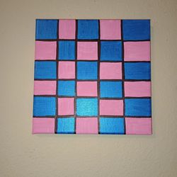 Blue And Pink Checkered Original Acrylic Painting On Canvas Wall Art 8x8"