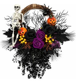 16” Halloween Wreath – Gothic Skull & Pumpkin Front Door Decor