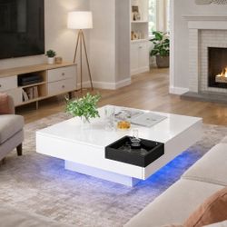 💡 LED Coffee Table – High Gloss White w/ Removable Tray