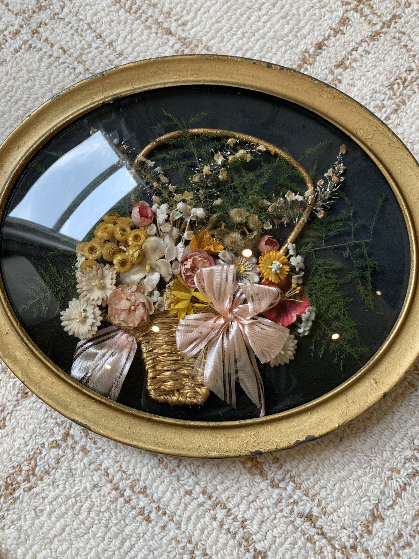 Antique Convex Metal And Glass Flower Art