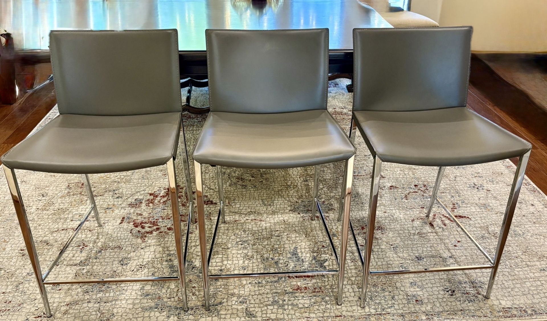 Set of 3 Counter Stools - Gray Leather / Chrome