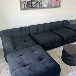 Velvet Black Sofa With Ottoman 