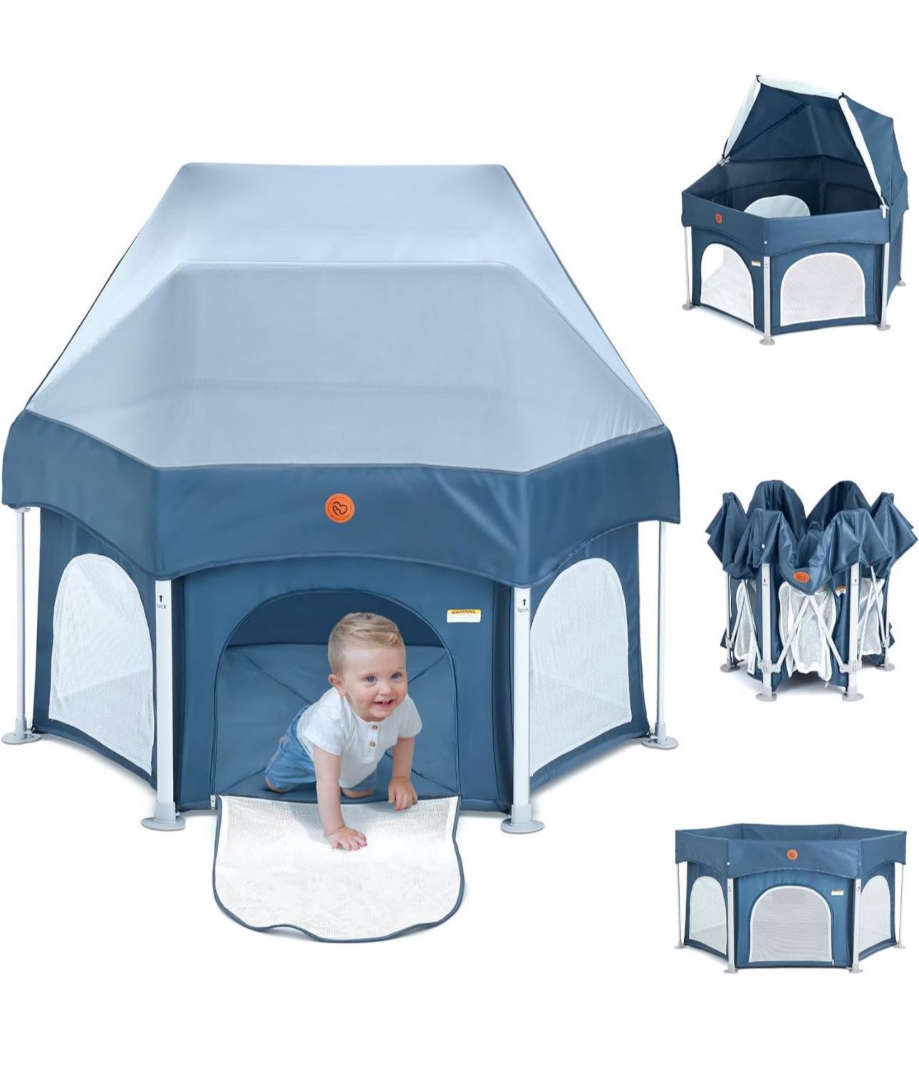 BabyBond 53" Portable Indoor and Outdoor Baby Playpen with Mat- Pop Up Tent Pack and Play Baby Playpen with Canopy for Babies and Toddlers Play Yards 