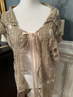 Women vintage crochet sleeveless long cardigan beige- One size All