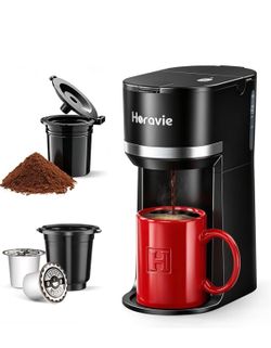Horavie Small Single Serve Coffee Maker for K Cup and Grounds, Fast Brew One Cup Coffee Machine with One Button, 6 to 12 oz. Brew Sizes, Perfect for H
