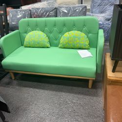 Green Loveseat Sofa with Pattern Modern Upholstered Two Seater PU Sofa with 2 Dumpling Shaped Throw Pillows with Patterns