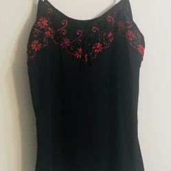 Women nightgown flowers embroidered adjustable shoulder strap sleeveless black.M