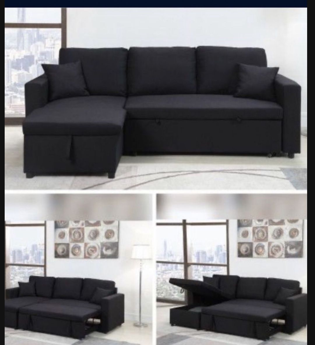 Living room set Sectional Sofa Pullout Bed W / Chaise Storage Fabric 88” X 57” x33”H