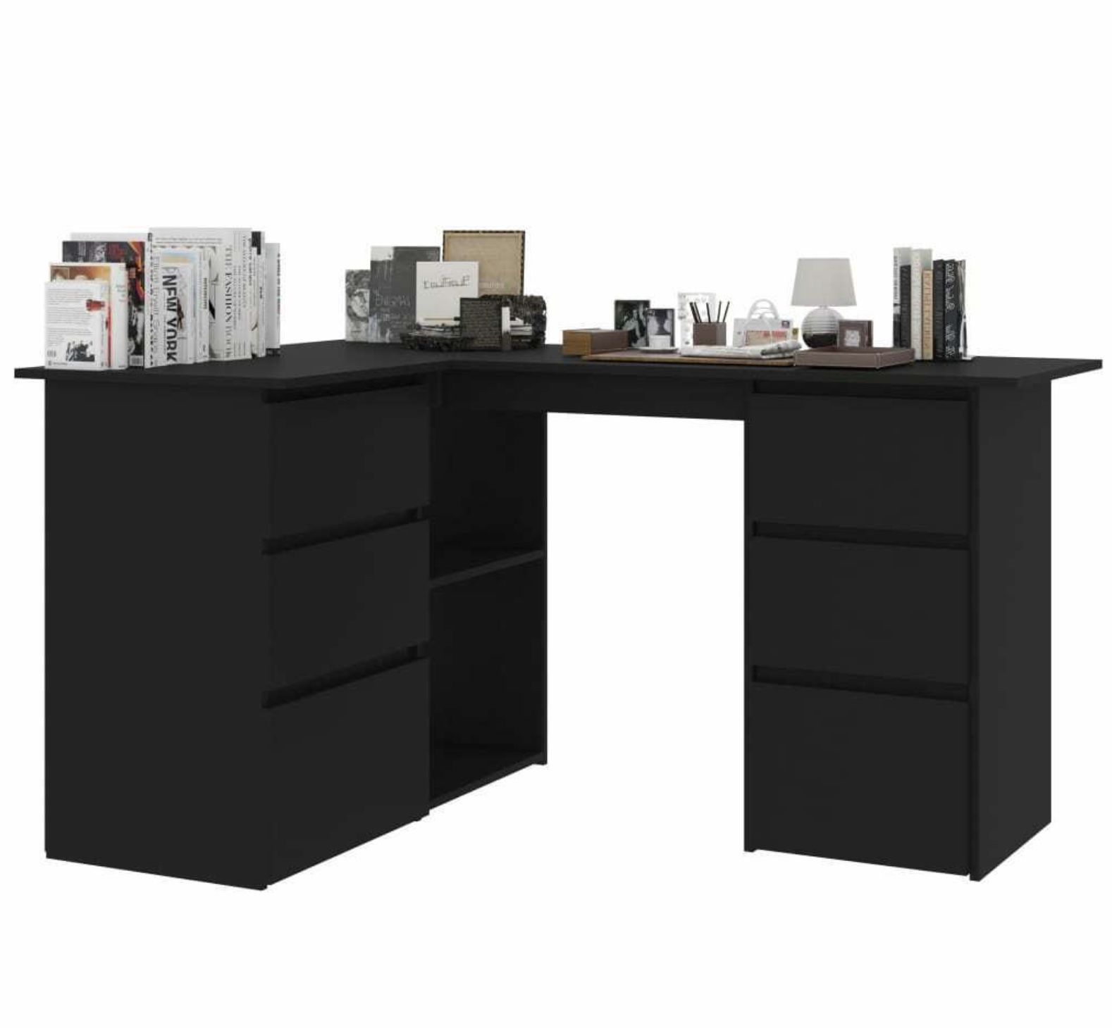 Corner Dësk Dràwers Black 57.1" Chipbøard Cømputer Study Wørk Stätion