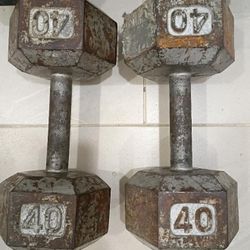 Pair  Of  40 Lb.  Steel  Hex  Used  Dumbbells