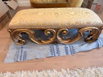 58” Ornate Gold Carved Upholstered Bench