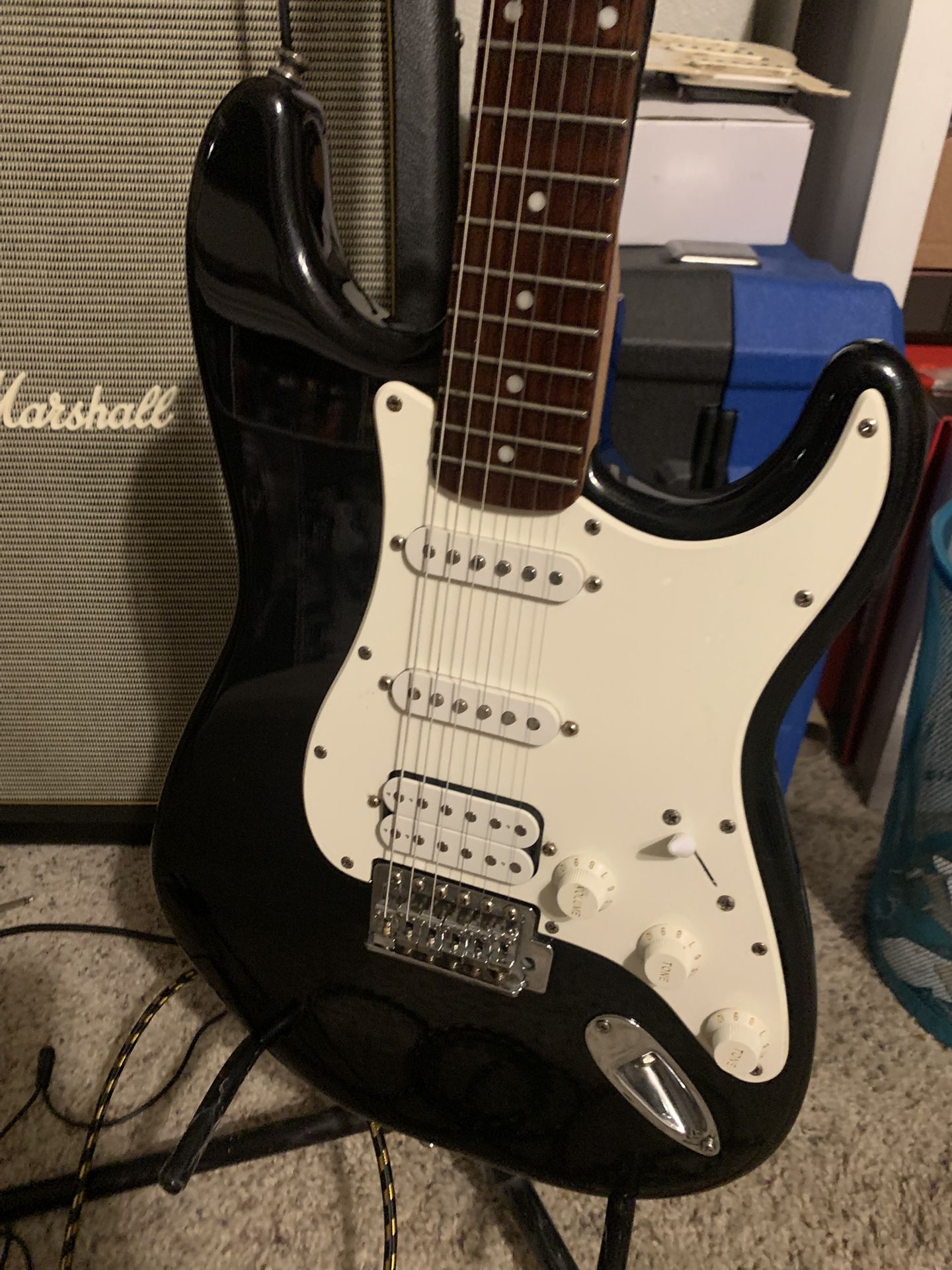 2003 Fender Starcaster HSS Stratocaster / Strat Electric Guitar - Rare Arrowhead Headstock - Black Metalflake