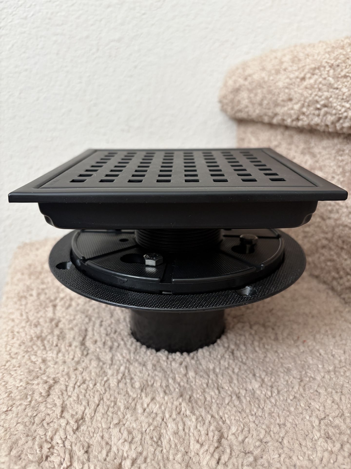 Shower Drain, Matte Black 6 inch Square Shower Floor Drain with Flange, Removeable Grid Panel SUS 304 Stainless Steel Square Shower Drain