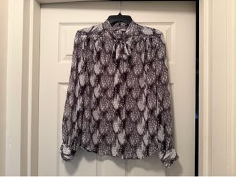 Worthington Blouse Women's Size Large Gray White Long Sleeve Tie Shirt