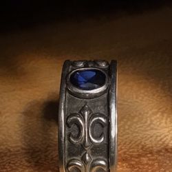 SOLID STERLING SILVER FLEUR DE LIS SAPPHIRE Ring Size 9