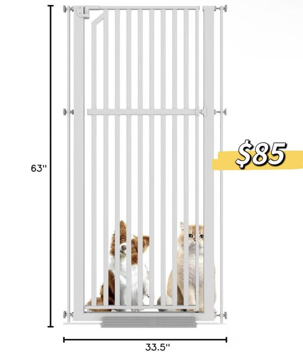 😀 Tall Pet Gate 63" Pressure Mounted Cat Door Safety Metal Cat Gate Adjustable Width Dog Door Auto-Close Dog Gates for Doorways, Stairs, Kitchen, Hal