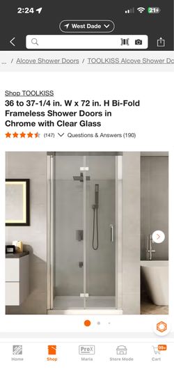 New in Box - TOOLKISS 36 to 37-1/4 in. W x 72 in. H Bi-Fold Frameless Shower Doors in Chrome with Clear Glass