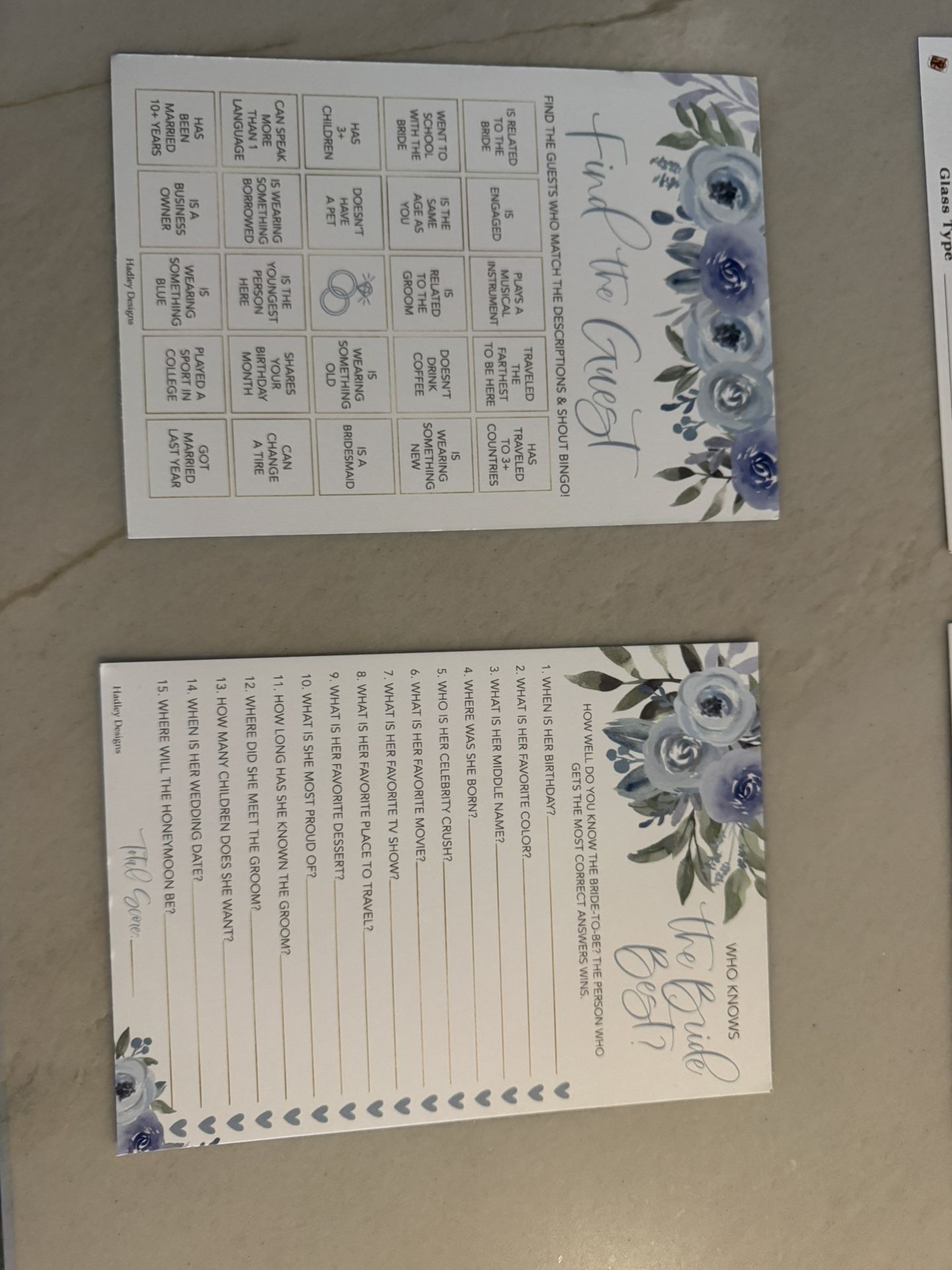 Bridal shower party cards