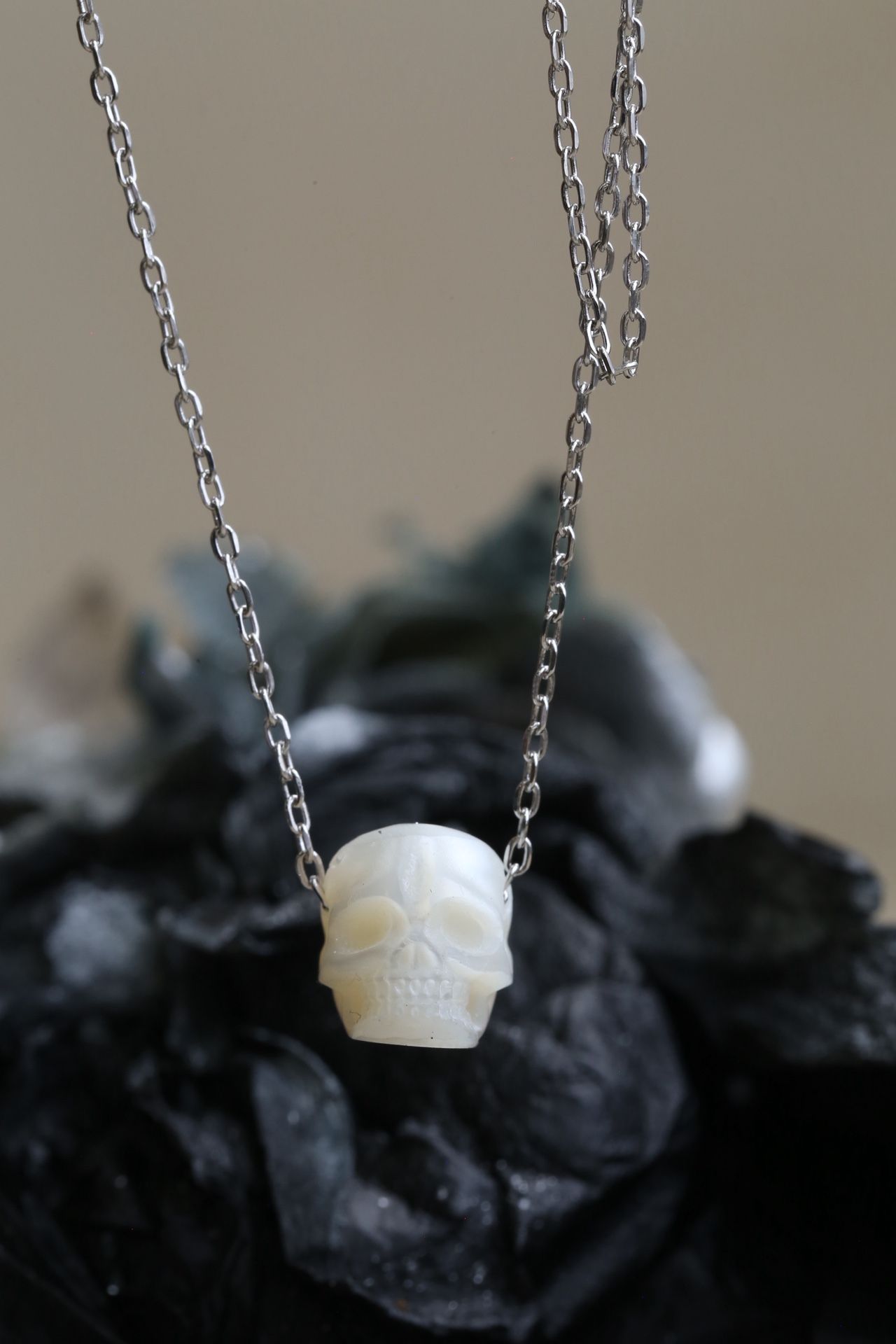 Minimal Gothic Pearl Skull Sterling Silver Necklace