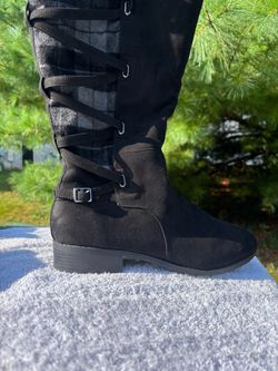 Black Suede Knee-High Lace-Up Boots