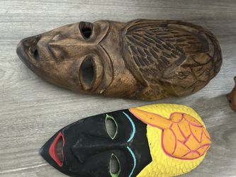 Set Of Two Vintage Wooden Masks Hand Psi Ted And Carved