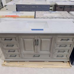 60 in. W x 22 in. D Single Sink Bath Vanity in Rustic Gray with White Marble Top $899 