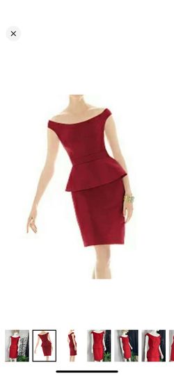 After Sung red silk peplum dress size 12 off the shoulder boat neck