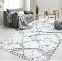 Ultra-Soft Cobalt Gold, Beige and White Shaggy Rug with Elegant Marble Pattern